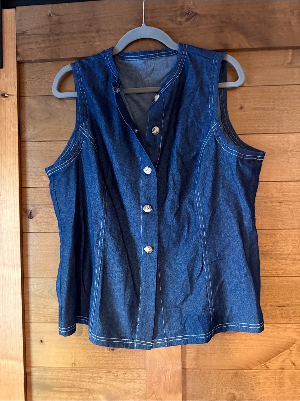 Sleeveless Dark Blue Denim Button-Front Women's Top